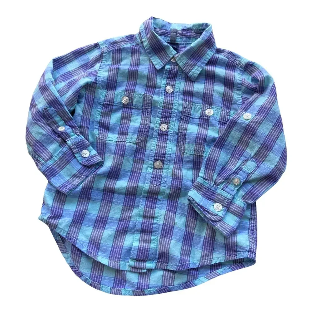 Gap Boys Shirt Size 2 Oceanside Blue Plaid Roll Tab Cuff Button Up‎ Front